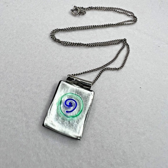 Avon Jewelry - Avon Art Glass Pendant Necklace Modernist Blue Green Spiral Silver Tone 18"